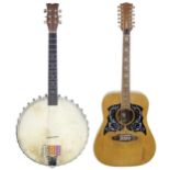 Italian Eko Ranger XII twelve string Dreadnought guitar; also a large six string banjo, unnamed,