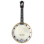 George Formby Dallas E banjolele, with geometric mother of pearl inlay to the fretboard, bearing