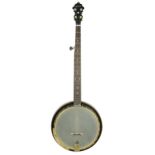 Ludwig Stratford five string banjo, with inlaid resonator back, 11" skin and geometric mother of