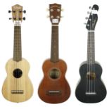 Three contemporary soprano ukuleles, by Tanglewood (Union Series), Sender (California Coast) and