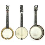 Keech banjolele with birds eye maple resonator, case; also two other unnamed banjoleles, one