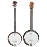 Eko five string inlaid banjo, soft case; also another Eko six string banjo, soft case (2)