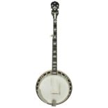 Jerry Webb Blackheart five string banjo, with 11" skin, geometric mother of pearl foliate inlay to