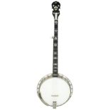 Jerry Webb Blackheart five string banjo, bearing the maker's plaque screwed to the inside of the