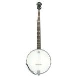 Contemporary five string banjo, with 11" skin and geometric mother of pearl inlay to the fretboard