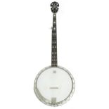 Jim Deacon five string banjo, with 11" skin and geometric mother of pearl inlay to the fingerboard