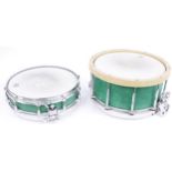 Two unbranded snare drums, possibly homemade, one with 14" head and 6" shell, the other 14" head and