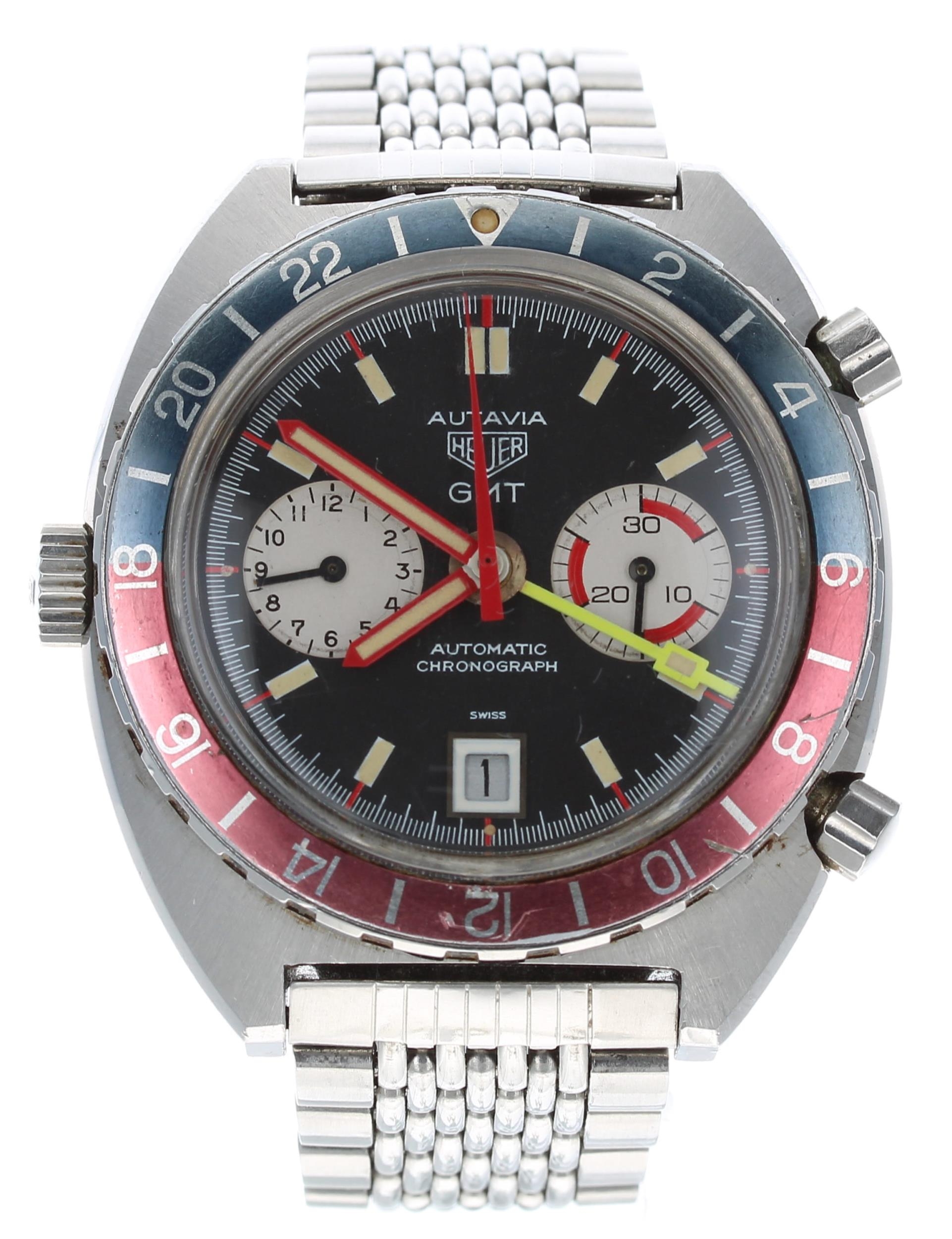 Heuer Autavia GMT automatic chronograph stainless steel gentleman's bracelet watch, ref. 1163,