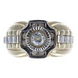 14ct bicolour belt design ring set with white stones, width 12mm, 8.6gm, ring size P (359)