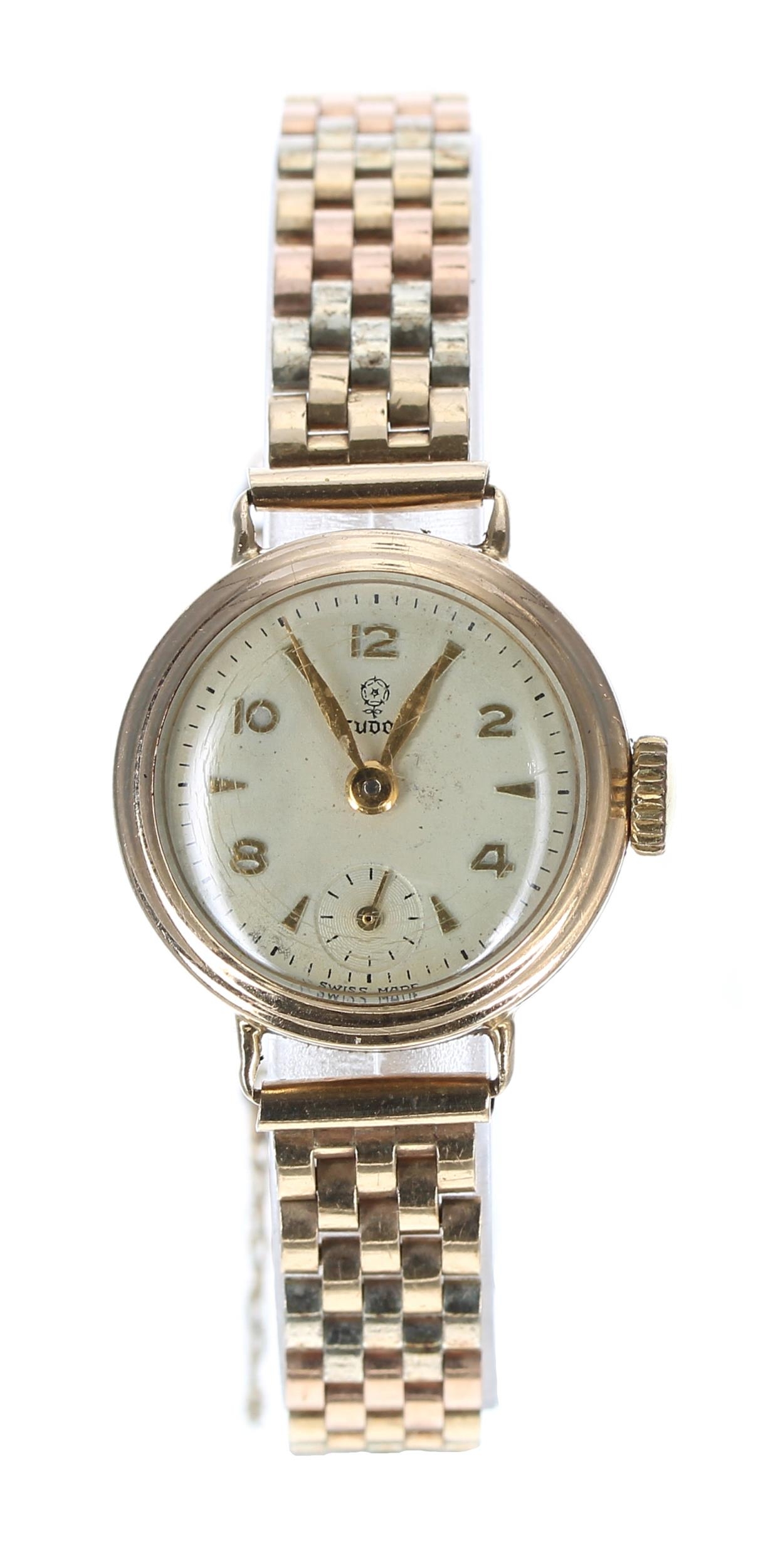 Tudor 9ct wire-lug lady's wristwatch, Chester 1954, circular silvered dial with gilt applied