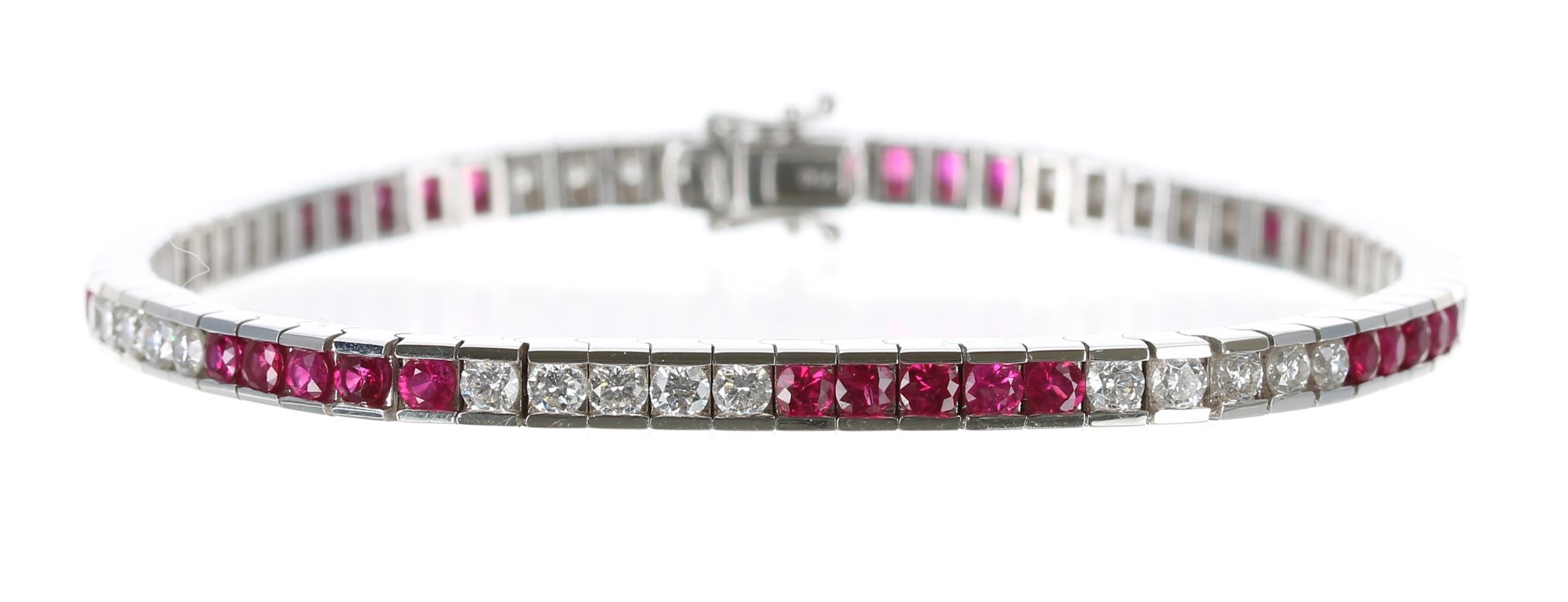 Fine quality modern 18ct white gold ruby and diamond channel set line bracelet, set with round