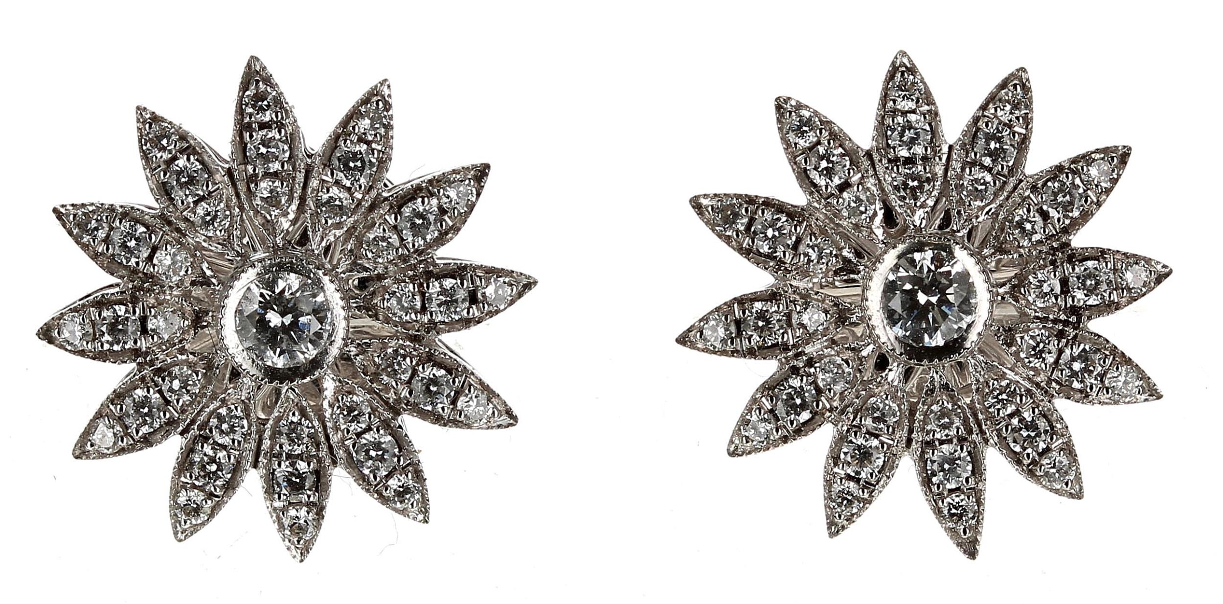 Pair of 18ct white gold diamond flowerhead design earrings, 0.65ct approx, post and butterfly backs,