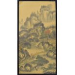 Japanese School - large watercolour on silk, depicting a mountain and river scene with a bridge in