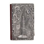 Nathaniel Mills Victorian silver notebook, the front cover with a monument, the back with
