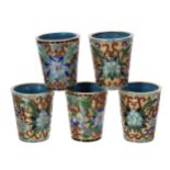 Five Russian gilt metal and cloisonné vodka tots, with lotus flowers and scrolling foliate