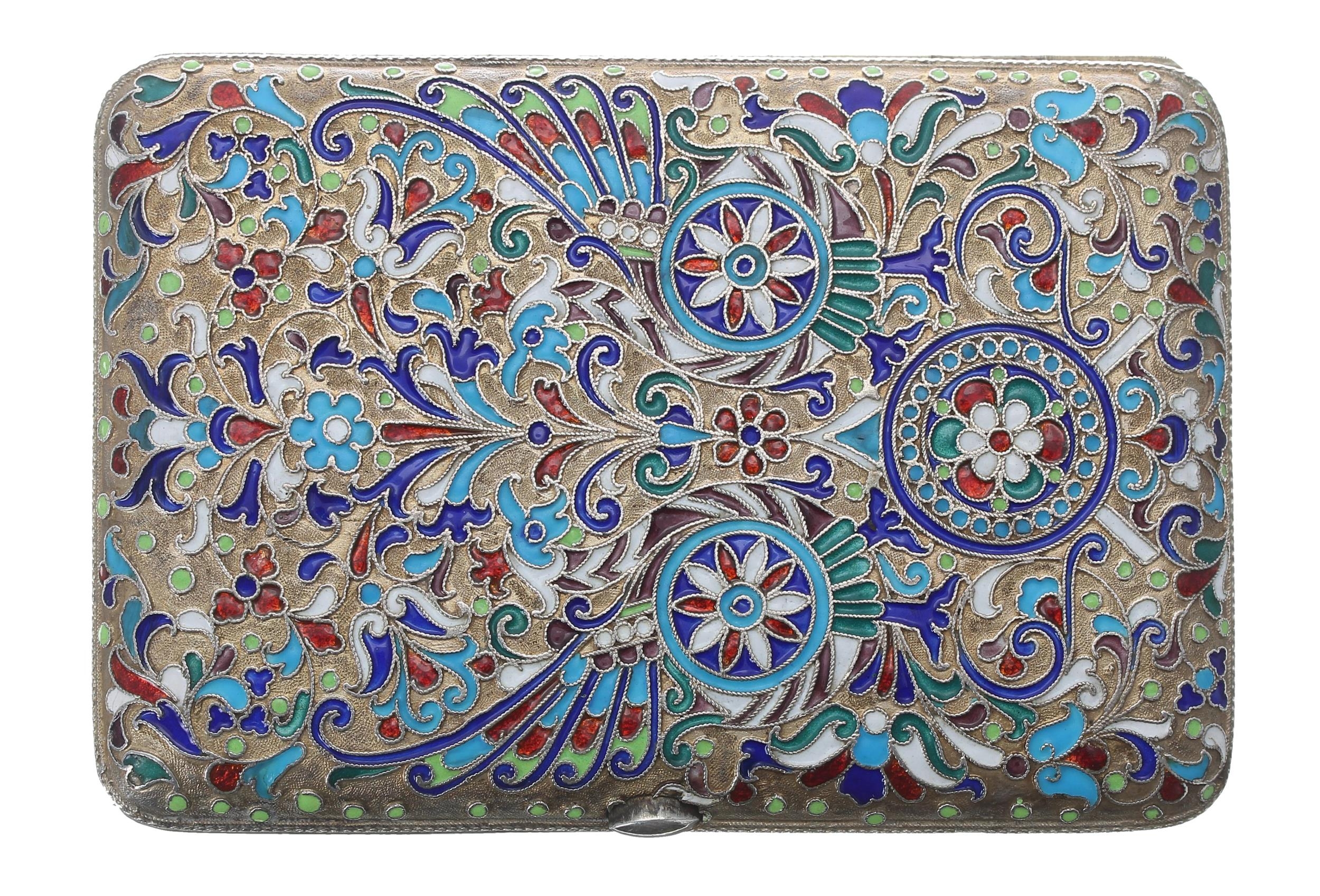 Russian silver and cloisonné cigarette case, with dense scrolling foliate and stylised floral - Image 2 of 4