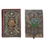 Gilt metal and enamelled openwork filigree card case, with a hinged cover decorated with a
