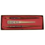Russian silver gilt and enamelled stationary set, comprising a letter opener, quill pen and