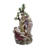 19th century Derby porcelain figural group, depicting two maidens with a sleeping cupid, modelled by