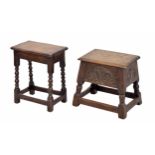 Antique oak box stool, hinged top enclosing an open interior over a carved freeze panel raised on