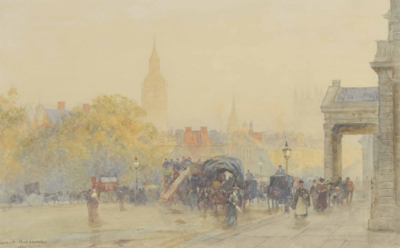 Herbert Menzies Marshall VPRWS, RE, ROI (1841-1913) - London street scene with carriages and