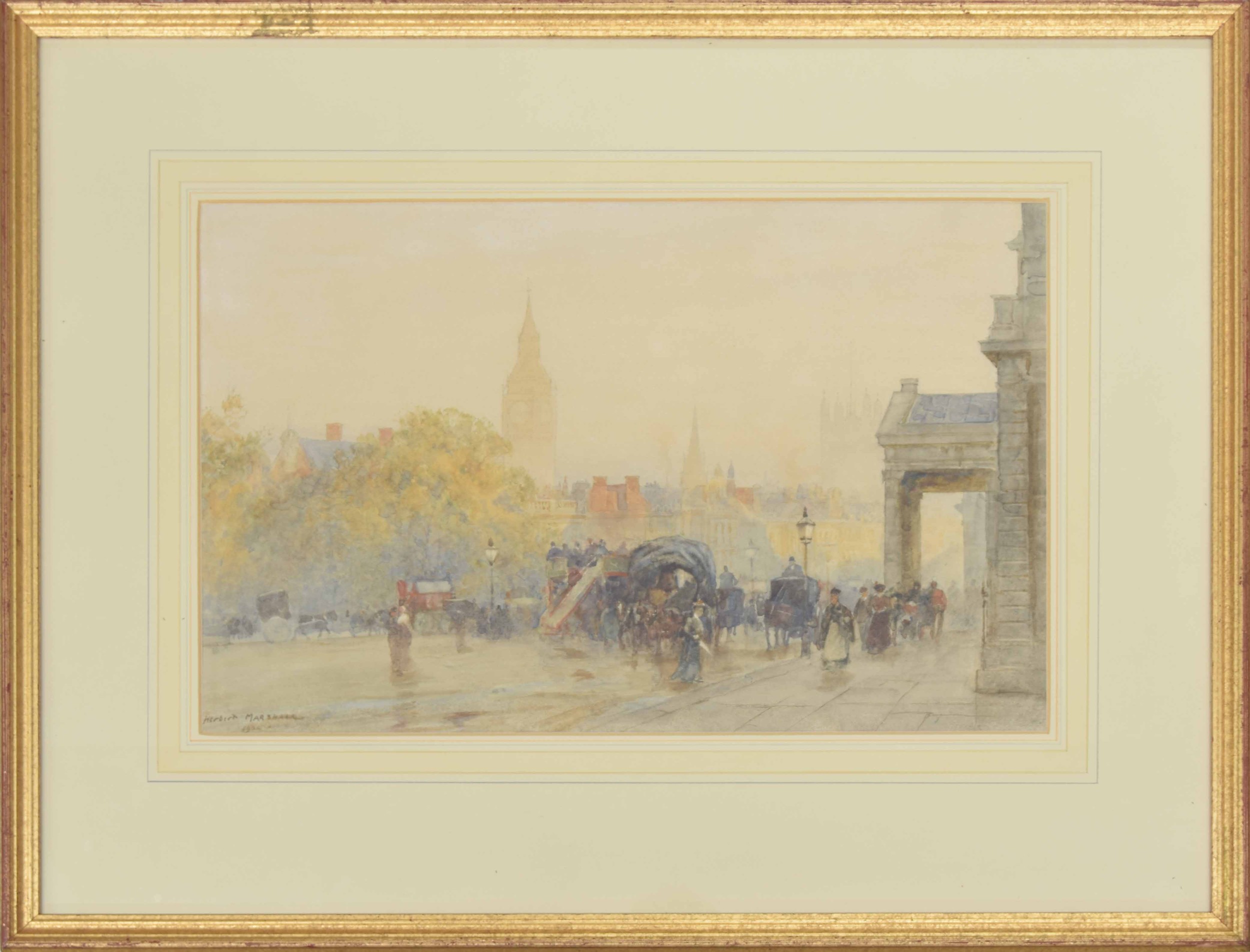 Herbert Menzies Marshall VPRWS, RE, ROI (1841-1913) - London street scene with carriages and - Image 2 of 2