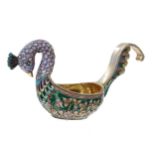 Russian silver-gilt and cloisonné Kovsh, modelled as a bird with tail feathers and a floral