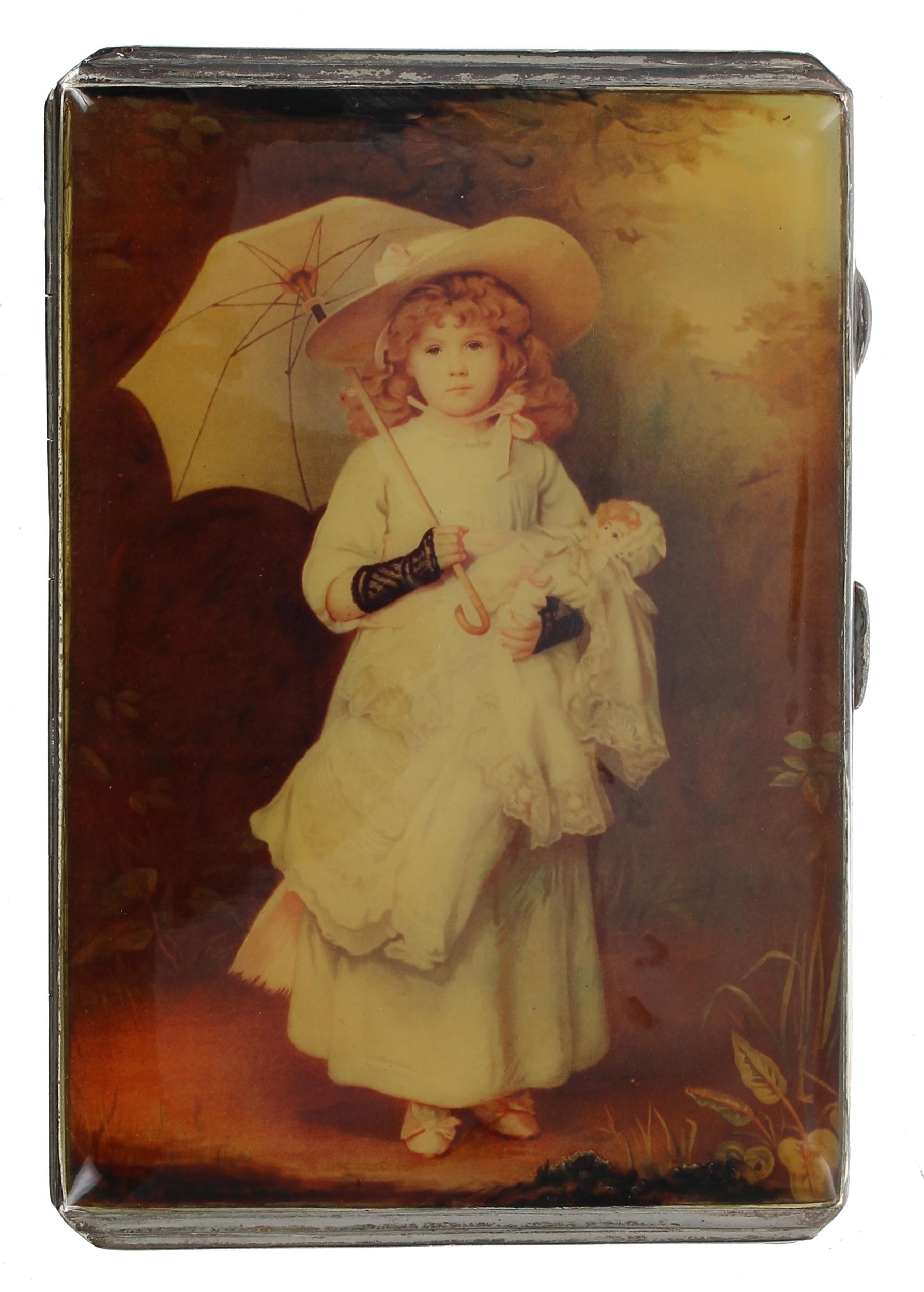 George V silver cigarette case by Joseph Gloster, with an applied enamel picture portrait of a