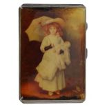George V silver cigarette case by Joseph Gloster, with an applied enamel picture portrait of a
