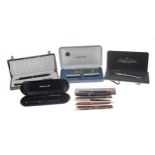 Selection of assorted fountain and ballpoint pens to include cased set by Pelikan, Inoxcrom, Swan