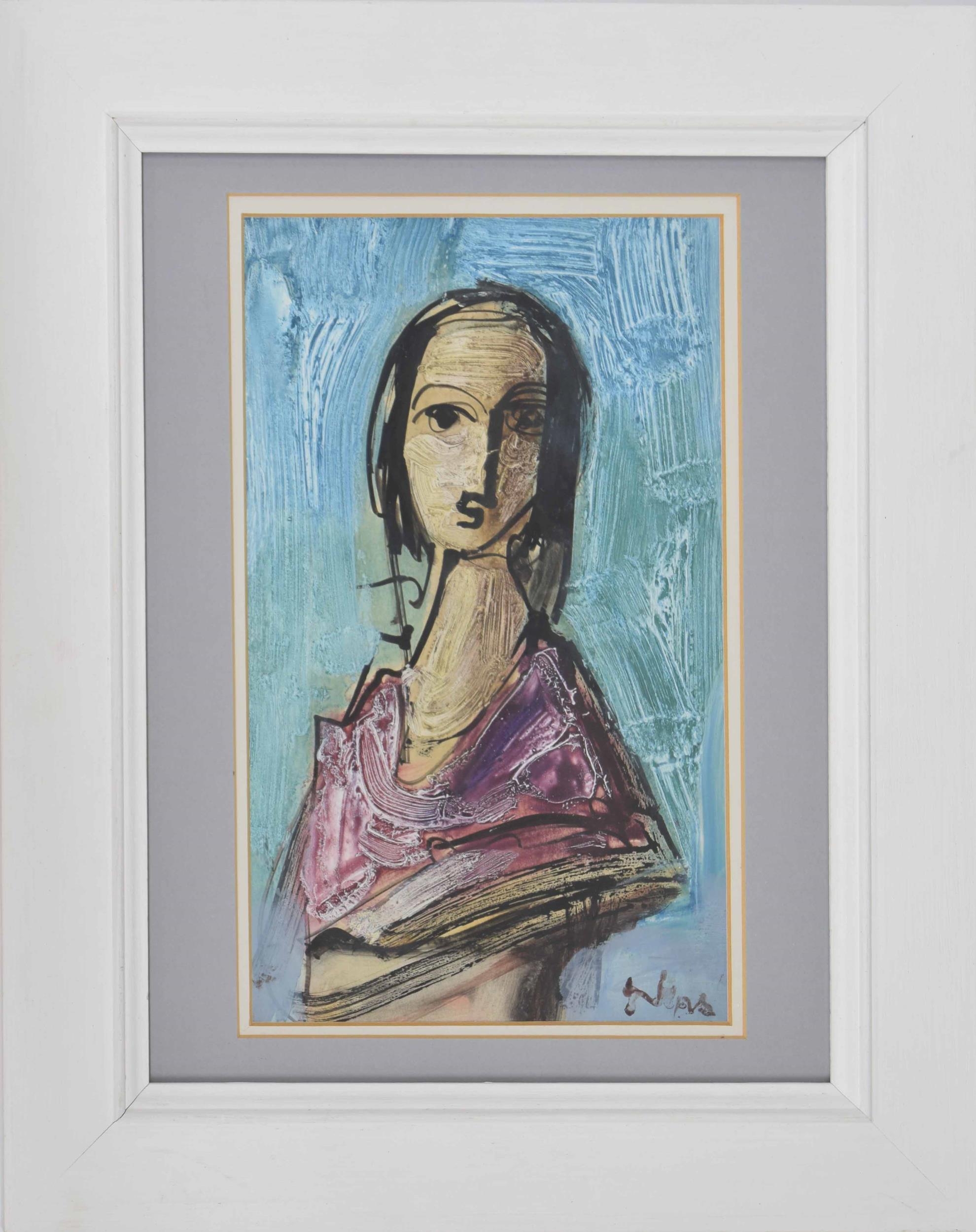 Tadeusz Was (1912-2005) - Portrait of a girl, head and shoulders wearing a pink shawl, signed,