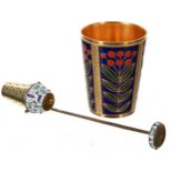 Russian silver gilt and cloisonné vodka tot, decorated with stylised leaf and berry panels, makers