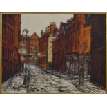 Noël Gibson (1928-2005) - an East End of London street scene with buildings and lamp post, signed,