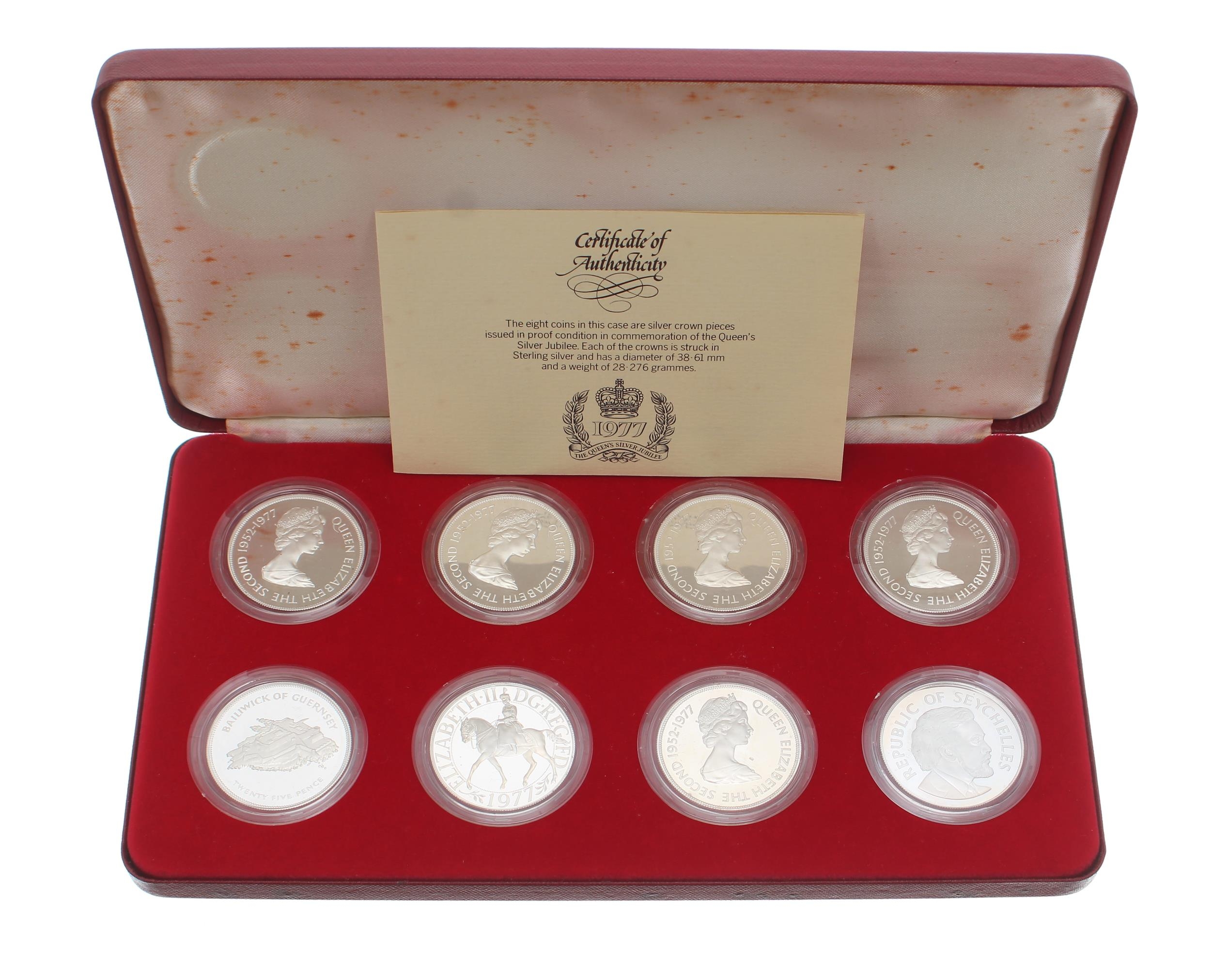 A 1977 Queen's Silver jubilee commemorative set of eight silver proof crowns, to include Guernsey,