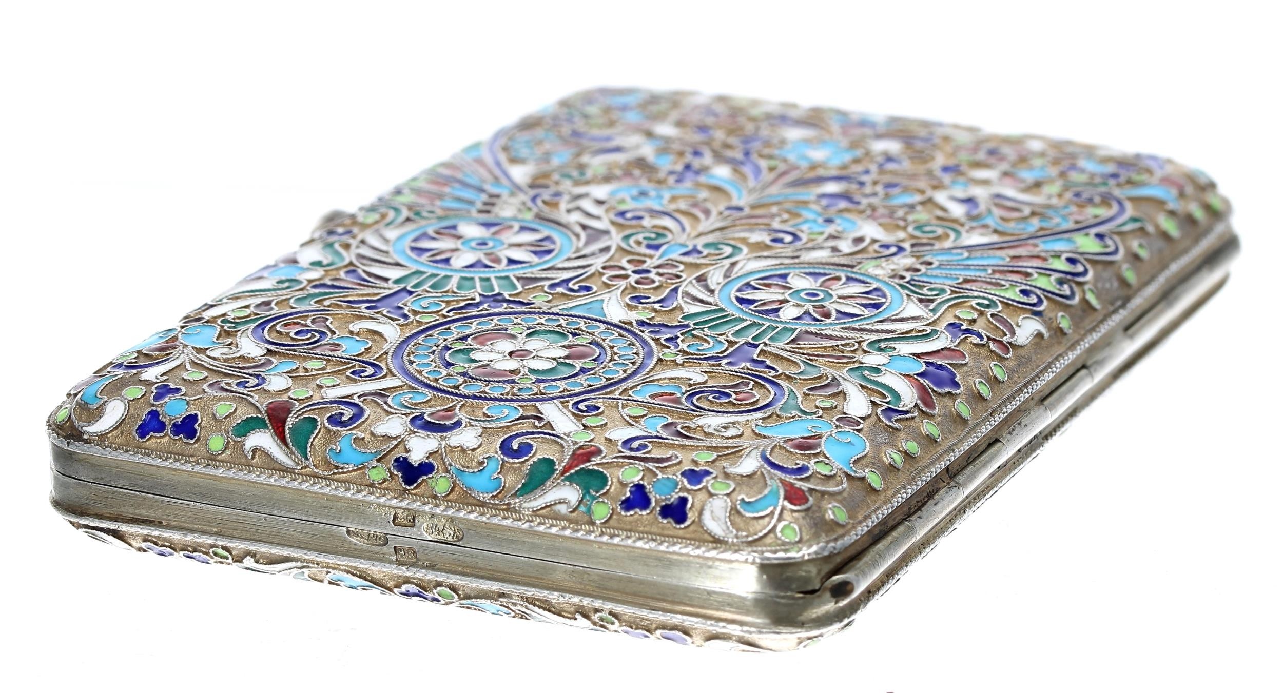 Russian silver and cloisonné cigarette case, with dense scrolling foliate and stylised floral - Image 4 of 4