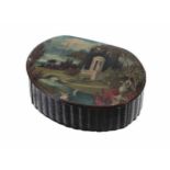 Papier maché oval patch box, the cover with grand landscaped gardens with a bridge and temple,