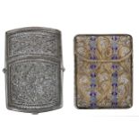 Attractive gilt metal and enamelled filigree cigarette case, with swing hinge cover, 2.5" x 3.25";