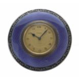 Art Deco silver and guilloché enamel circular strut clock, maker Henry Matthews, Birmingham 1924,