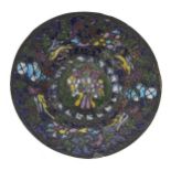 Champlevé enamelled metal dish, with a central Imperial double headed eagle within foliate borders