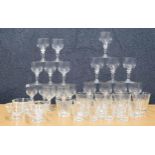 Selection of 19th/20th century liqueur glasses, including fruiting vine etched examples on low
