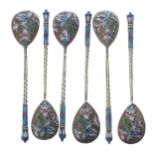 Set of six Russian silver-gilt and cloisonné coffee spoons, the bowls with floral decoration on a