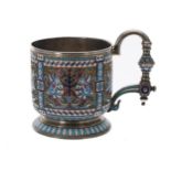 Russian silver and cloisonné cup, decorated with repeated panels with birds, raised on a flared foot