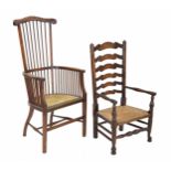 A wavy ladder back oak fireside chair with rush seat, 22" wide, 19" deep, the seat 13" high, the