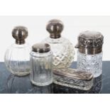 Selection of silver mounted glass bottles and jars; two globe scent bottles, tallest 4.75" high, a
