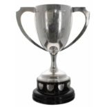 Impressively large silver twin-handled pedestal trophy cup, with engraved presentation