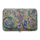 Attractive Russian silver-gilt and cloisonné cigarette case, the covers with birds of paradise