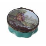 Late 18th/early 19th century Staffordshire enamel oval patch box, the hinged cover with painted