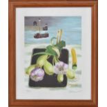 After Mary Fedden (1915-2012) - still life of garlic and other vegetables with a fishing boat off