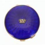 George V silver and blue guilloché enamel powder compact case, with an applied crown to the cover,