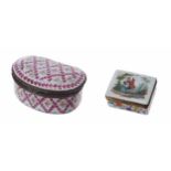 Large French oval enamel patch box, the hinged cover and sides with repeated flower and petal motif,